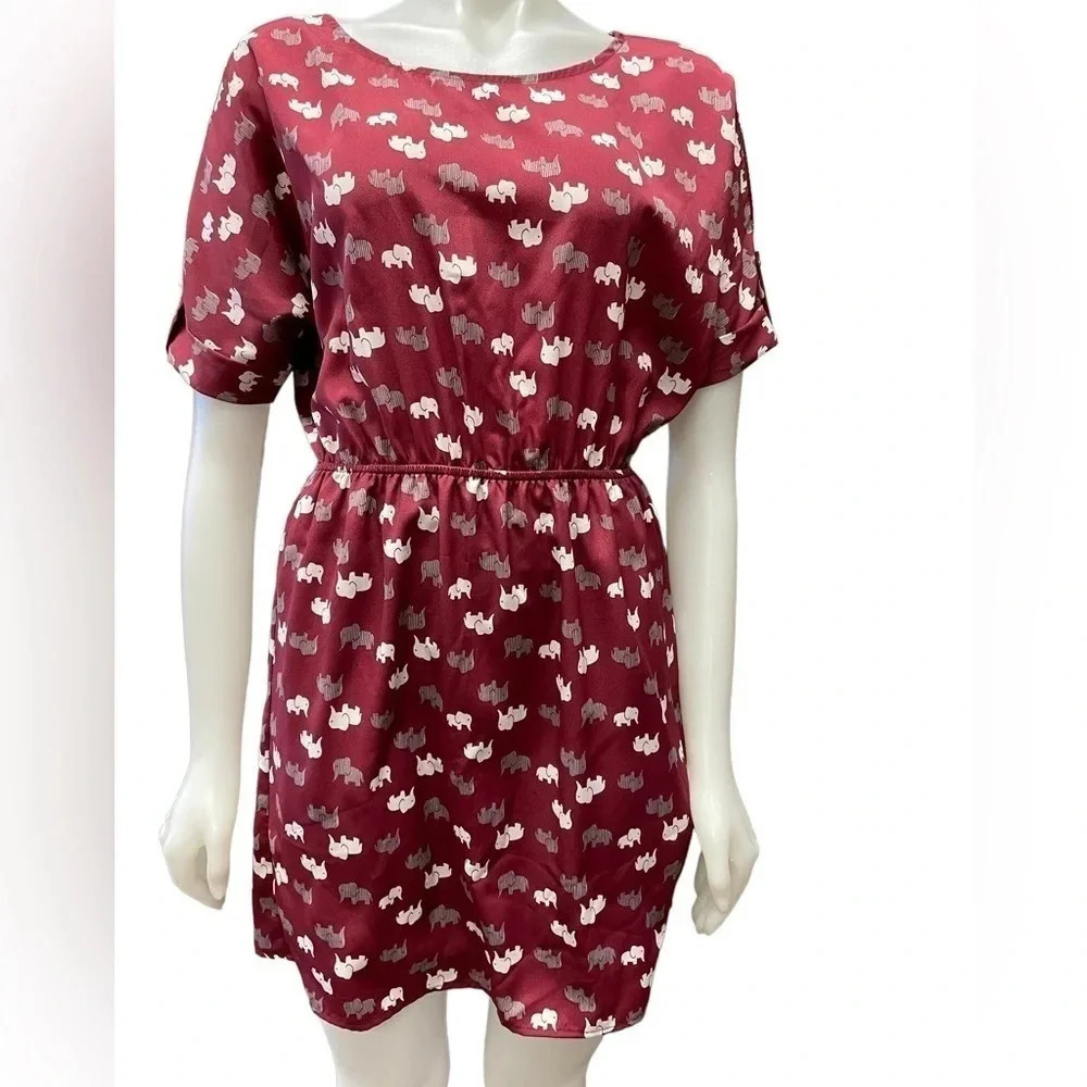 Everly  Elephant Print Burgandy Mini Dress Size Small